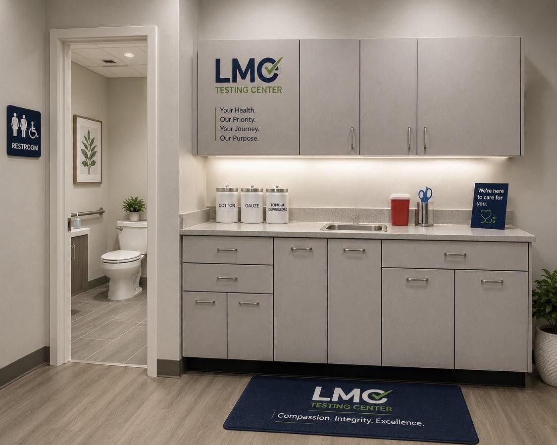 The LMC Testing Center collection room: branded cabinetry, a clean counter with supplies laid out, and an accessible private restroom adjoining.